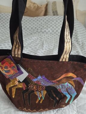 Laurel Burch Brown Tote with Multicolor Horse Motif